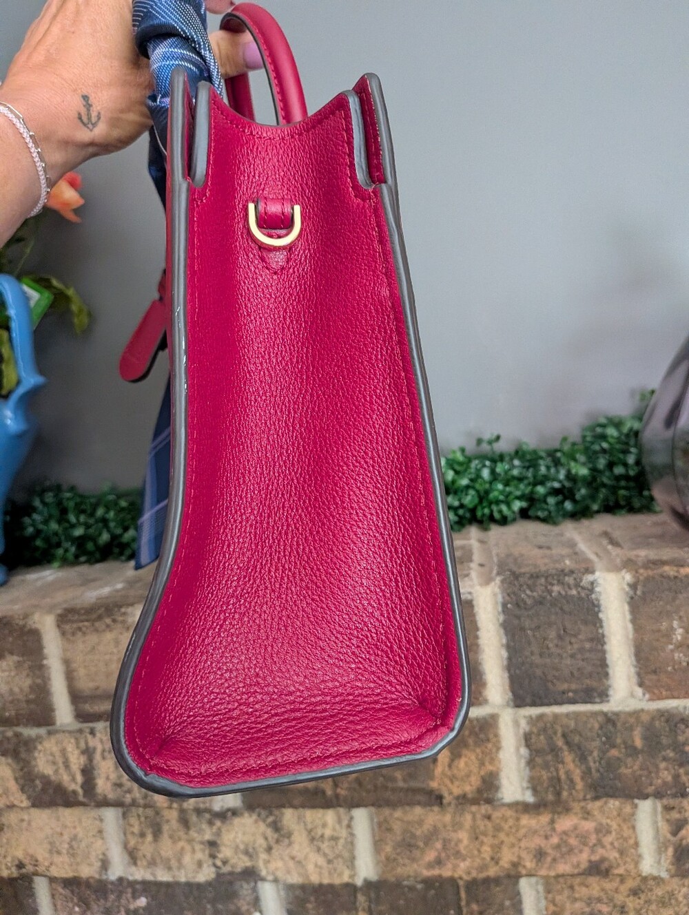 Michael Kors deep Cherry Red Leather Tote with Navy Scarf Accent - Picture 4 of 10